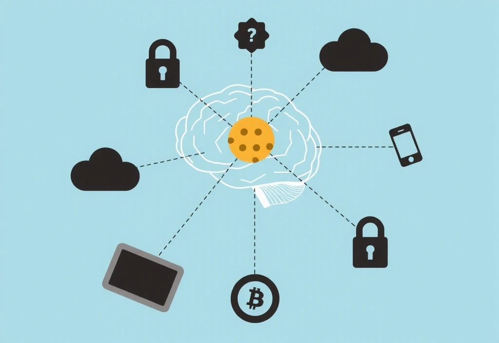 Ilustración de un cerebro humano conectado a varias nubes y dispositivos, simbolizando el uso de cookies de terceros y la privacidad de datos