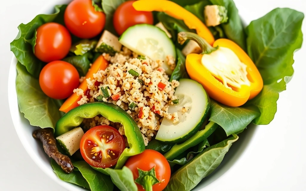 Una vibrante ensalada saludable con verduras variadas y aderezo ligero.