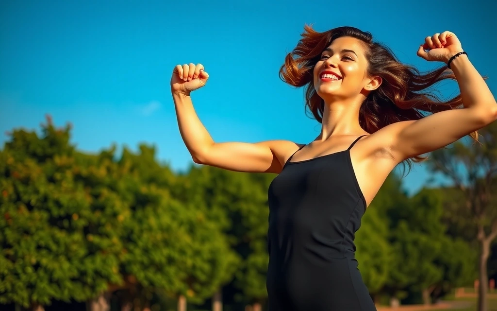 Mujer sonriendo mientras hace ejercicio, representando un estilo de vida saludable.