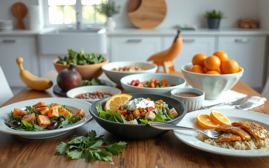 Una mesa llena de coloridas y frescas recetas saludables.