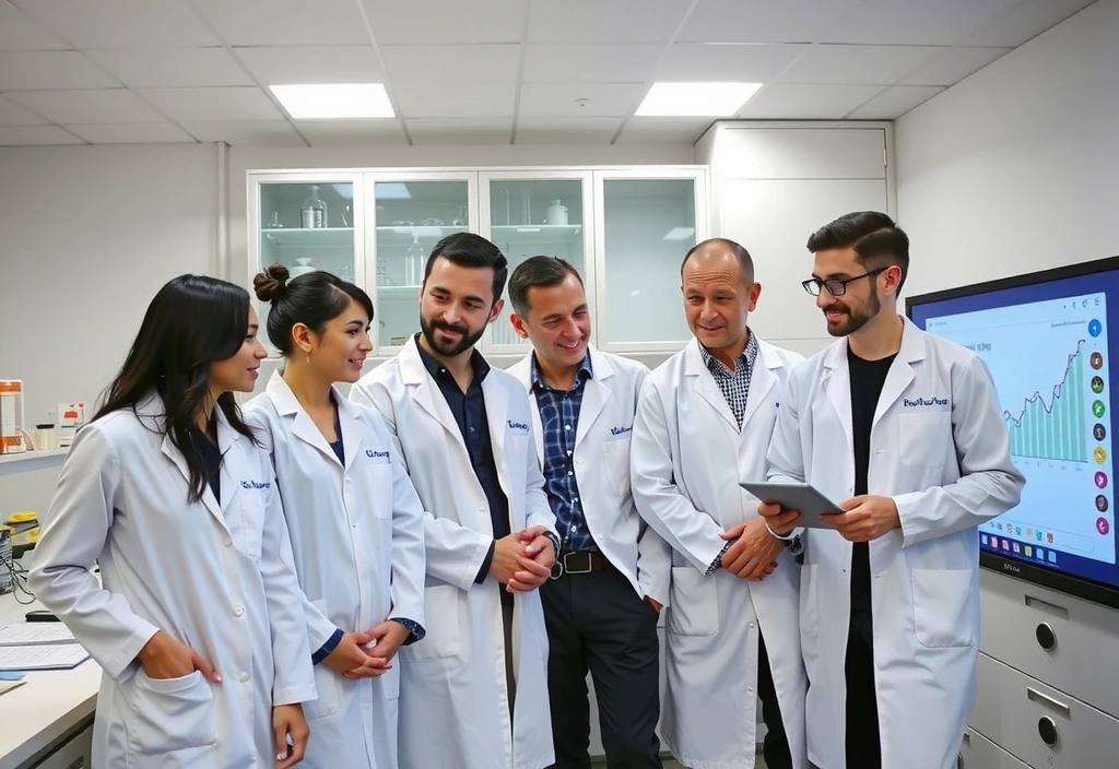 Diverse team of scientists and nutritionists in a modern lab setting