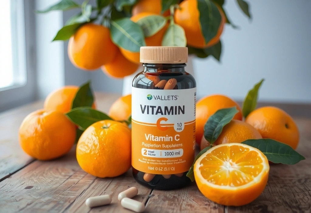 Frasco de suplementos de vitamina C con naranjas frescas