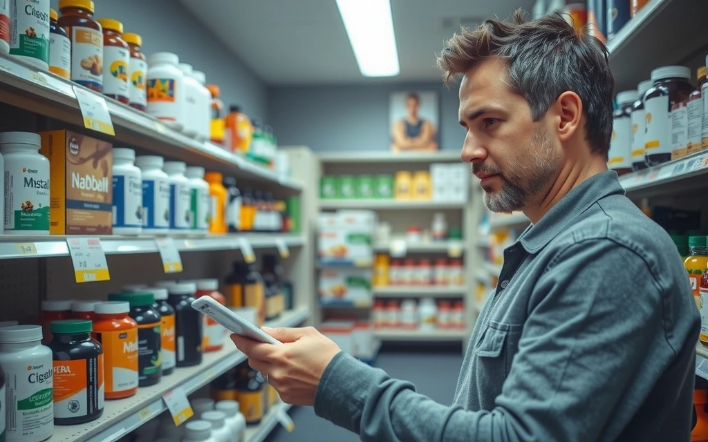 Persona leyendo etiquetas de suplementos en una tienda, con un enfoque en la información nutricional