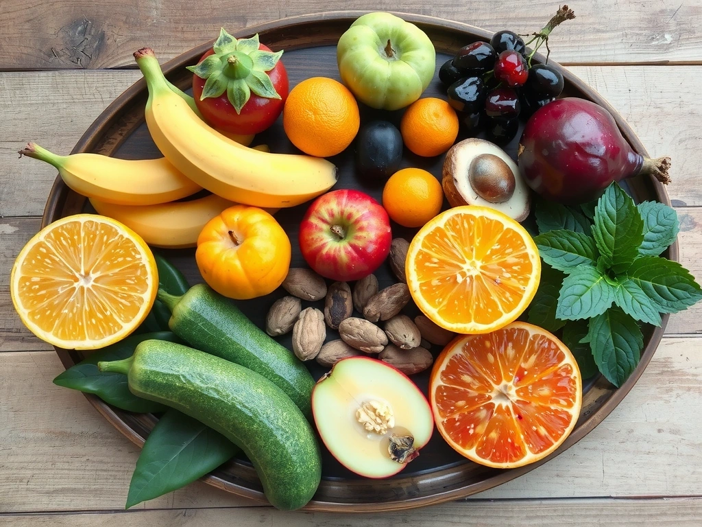 Variedad de frutas frescas y exóticas, verduras de hoja verde y frutos secos dispuestos en un plato de madera, resaltando la diversidad de fuentes de nutrientes.